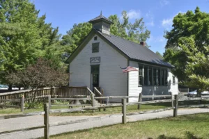 Exterior of the historic Marchido Schoolhouse at White Pine Village.